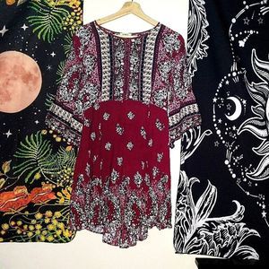 Umgee Boho Floral Maroon Dress Medium